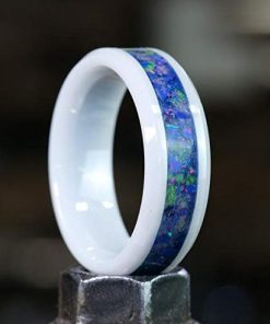 B08VD15S66 White Ceramic Wedding Band Ring 8mm 6mm for Men Women Comfort Fit Opal Band Diamond Engagement Ring Beveled Edge Polished Lightweight Custom Laser Engraving