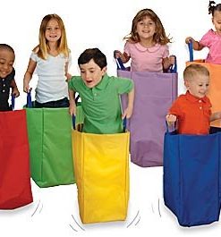 B0035Y26TG Constructive Playthings Six Jumping Sacks with Flat Bottoms, Two Sets of Nylon Web Handles for Children of Differing Heights, Ages 3 Years and Up