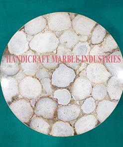 B08VD8MH6J 12" Inch (Customize Sizes) Round Natural White Agate Coffee Table with Gold or Silver Foil coated borders with Metal Base, Agate Table, Stone Coffee Table, Agate Table Top, Agate Round Coffee Table