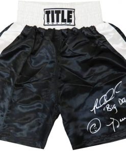 B08SKX3P7V Riddick Bowe Signed Title Black Boxing Trunks w/Big Daddy - Schwartz Authentic