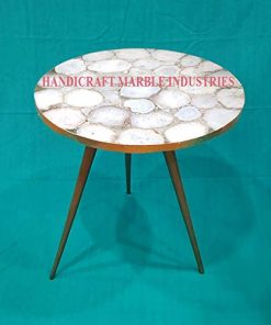 B08VHYY1T8 18" Inch (Customize Sizes) Round Natural White Agate Coffee Table with Gold or Silver Foil coated borders with Metal Base, Agate Table, Stone Coffee Table, Agate Table Top, Agate Round Coffee Table