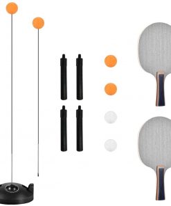B08TWM4GGP Tennis Trainer, Portable Table Tennis Trainer Set with Elastic Soft Shaft, 4 Ping Pong Balls, 2 Ping Pong Paddles, Long Pole and 4 Adjustable Lever Decompression Sports