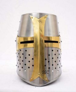 B08TLRPXJK SANGAMSTEELCRAFT Medieval Crusader Helmet Templar Knight Helmet Silver Colored Brass Design Lining