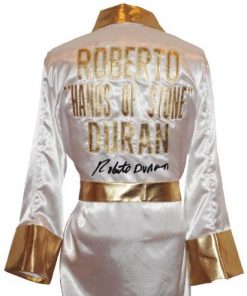 B007PWRVM6 Roberto Duran Signed White Robe"HANDS OF STONE" on back - Autographed Boxing Robes and Trunks