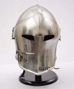B08TTV3CWB Sangamsteelcraft Medieval Spartacus Fantasy Barbute Helmet Knight Helmet Silver Finish with Free Wooden Stand