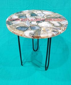 B08V55RH5L 15" Inch Round Brown Grey Agate Coffee Table with Hair Pin Style Metal Base, Agate Table, Stone Coffee Table, Agate Table Top, Agate Round Coffee Table, Agate Side Table Home Decor