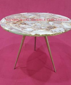 B08V56GWSJ 12" Inch Round Natural Brown Agate Glass Coffee Table with Metal Base, Agate Table, Stone Coffee Table, Agate Table Top, Agate Round Coffee Table
