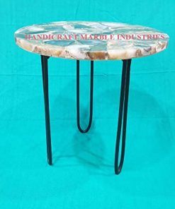 B08V52XP3X 24" Inch Round Brown Grey Agate Coffee Table with Hair Pin Style Metal Base, Agate Table, Stone Coffee Table, Agate Table Top, Agate Round Coffee Table, Agate Side Table Home Decor