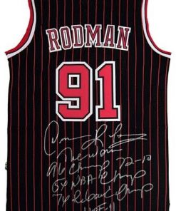 B00AB61X8Q Dennis Rodman Signed Official NBA Adidas Chicago Bulls Black Pinstripe Jersey w/ 5 Inscriptions