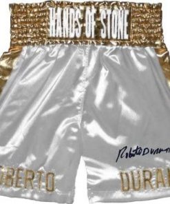B007SXXA3Q Roberto Duran Signed White Trunks"HANDS OF STONE" on waste - Autographed Boxing Robes and Trunks