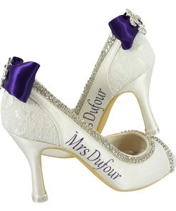 B08TV2HJ9R Purple Bow Wedding Heels, Personalized Name, Ivory 3.5 inch Heel