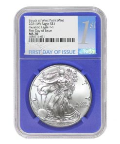 B08VF8G7JJ 2021 (W) 1 oz American Silver Eagle Coin MS70 (Heraldic Eagle T-1 - First Day of Issue - Struck at West Point Mint - Blue Core Label) by CoinFolio $1 MS-70 NGC