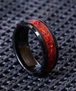 B08VCVD758 Black Ceramic Wedding Band Ring 8mm 6mm for Men Women Comfort Fit Red Opal Band Red Engagement Ring Beveled Edge Polished Lightweight Custom Laser Engraving