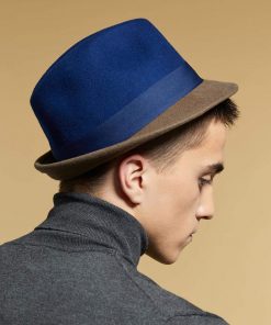 B08SWTSW33 Fedora hat, Classic Men Two-Tone Hat Handmade of 100% Pure Wool Felt in Blue and Brown Colors with Grosgrain Band, Stylish Men Fall and Winter Hat by Justine Hats