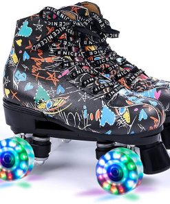 B08TLMDK65 HAYQ Graffiti Microfiber Roller Skates Double Line Skates Women Men Adult Two Line Skating Shoes with White PU 4 Wheels Training (Color : Flash Wheel Black, Size : 43)