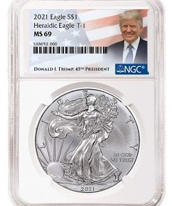 B08WHRF745 2021 Donald Trump Label Silver Eagle T-1 Heraldic Eagle Reverse Dollar MS69 NGC