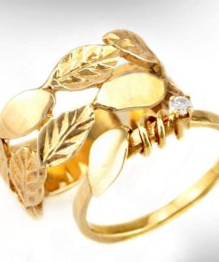 B08X4V1Y6G Art Deco Set of Two Matching 14K Gold Leaves Rings for Her, Diamond Engagement Ring and Wedding Band, Nature Inspired Handmade Artisan Bridal Jewelry Set, Birthday and Anniversary Rings Gift