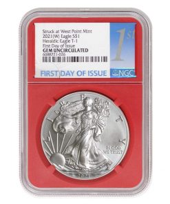 B08VVKC2T1 2021 (W) 1 oz American Silver Eagle Gem Uncirculated (Heraldic Eagle T-1 - First Day of Issue - Struck at West Point - Red Core Label) by CoinFolio $1 GEMUNC NGC