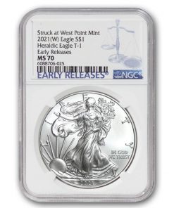 B08VF7155G 2021 (W) 1 oz American Silver Eagle Coin MS70 (Heraldic Eagle T-1 - Early Releases - Struck at West Point Mint) by CoinFolio $1 MS-70 NGC