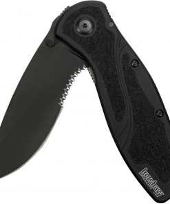 B00A7FWV2I Kershaw All-Black Serrated Blur Pocketknife (1670BLKST); 3.4 Inch Drop Point Blade; Sandvik 14C28N Steel; DLC Coating; SpeedSafe Assisted Opening; Inset Liner Lock; Reversible Pocketclip; 3.9 oz