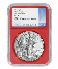 B08VFCDBX1 2021 1 oz American Silver Eagle Coin MS-70 (Heraldic Eagle T-1 - First Day of Issue - Red Core Label) by CoinFolio $1 MS-70 NGC