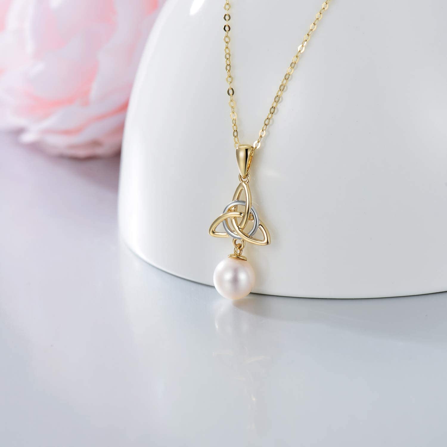B08NDMQ7GF SISGEM 14K Solid Yellow Gold Good Luck Irish Celtic Knot  Necklace with Pearl,Trinity Knot Pendant Charm Necklace Christmas Birthday  Gift 