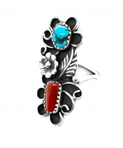 B08TM86MYJ Genuine Kingman Turquoise and Coral Ring, Sterling Silver, Authentic Navajo Native American USA Handmade, Artist Signed, Nickel Free, Southwest Jewelry
