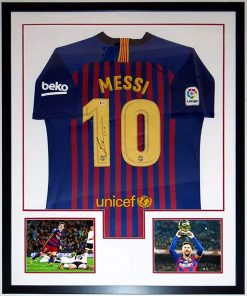 B08RRLHJ8K Lionel Messi Signed Authentic Nike Barcelona Jersey - BAS Beckett Authentication Services COA - Professionally Framed 34x42 & Ballon D'Or 500th Goal 8x10 Photo