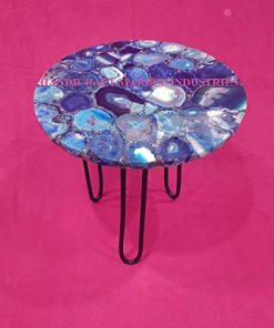 B08V1BTHLF 12" Inch Round Blue Agate Coffee Table with Hair Pin Style Metal Base, Agate Table, Stone Coffee Table, Agate Table Top, Agate Round Coffee Table, Agate Side Table Home Decor