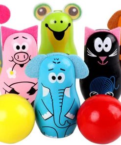 B08T1LVSYS Bowling Set Wooden Cartoon Animals Bowling Set Colourful Skittles Toys Early Development with 6 Numbers Pins 2 Balls for Kids (Color : Multi-Colored, Size : One Size)