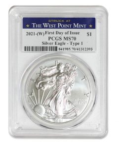 B08VYDNQX4 2021 (W) 1 oz American Silver Eagle Coin MS70 (Heraldic Eagle T-1 - First Day of Issue - Struck at The West Point Mint) by CoinFolio $1 MS-70 PCGS