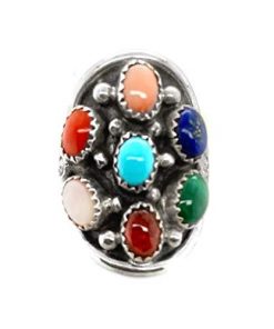 B08W2XGDFC Genuine Multi-Stone Ring, Sterling Silver, Authentic Navajo Native American USA Handmade, Artist Signed, Nickel Free, Multicolor, Southwest Jewelry
