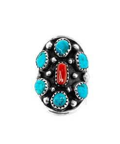 B08VHMWTZL Genuine Kingman Turquoise and Coral Ring, Size 6.5,Sterling Silver, Authentic Navajo Native American USA Handmade, Artist Signed, Nickel Free, Southwest Jewelry
