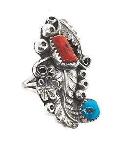 B08VHKZF6W Genuine Kingman Turquoise and Coral Ring, Size 7.5,Sterling Silver, Authentic Navajo Native American USA Handmade, Artist Signed, Nickel Free, Southwest Jewelry