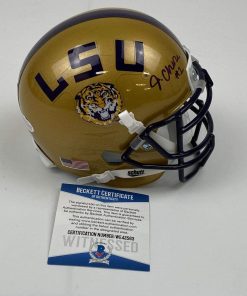 B08SVX9YCD Autographed/Signed Ja'Marr Chase LSU Tigers Gold College Football Mini Helmet Beckett BAS COA