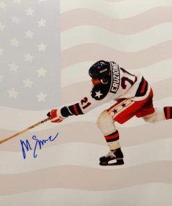 B08W2KQCQG Authentic Autographed Mike Eruzione 16X20 1980 Usa Hockey Team Flag Background With JSA W