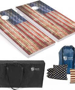 B08V9D1W2T Tailgating Pros American Flag Whitewashed Rustic Plank Design Cornhole Board Set w/Bean Bags and Carrying Case - 4'x2' Corn Hole Toss Game - Optional LED Lights