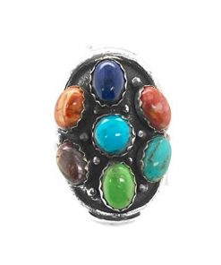 B08W9LLDGY Genuine Multi-Stone Ring, Size 6, Sterling Silver, Authentic Navajo Native American USA Handmade, Artist Signed, Nickel Free, Multicolor