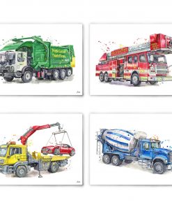 B08WDVY9Q6 Transportation Trucks Art Watercolor Painting Set of 4 Trucks Police Car Fire Truck Rescue Vehicles Wall Art Print Poster for Nursery or Boy Room Home Decor- No Frame