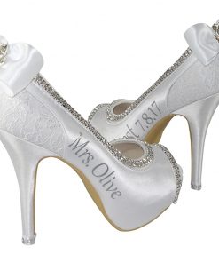 B08TV1R5JB White & Silver Satin Wedding Heels, Bridal Shoes, Rhinestone
