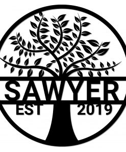 B08T3WVN9G Beautiful Tree of Life Personalized Metal Metal Wall Sign Wall Art Customized with Last Name and Wedding Year - 24 Inch - Black