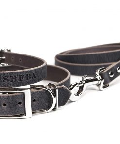 B08X9B8FVH Handmade Personalized Leather Dog Collar and Leash Set, Gray Leather, Nickel/Silver Tone Buckle, with FREE Embossed Name, Choose Your Font and Matching Leash