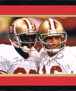B08T7RDJZY Framed Joe Montana & Jerry Rice San Francisco 49ers Autographed 16" x 20" White Jersey Close-Up Photograph - Autographed NFL Photos