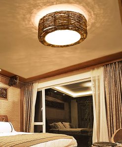 B08WJBKGXM Bamboo Wicker Rattan Flush Mount Ceiling Lamp Lantern Pendant Lighting Flush Mount Drum Creative Light Fixture Handmade Rustic Chandelier Brown Woven Finish for Living Room Kitchen Island