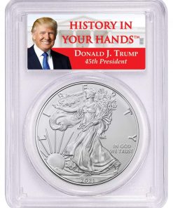 B08VQFHPVG 2021 1oz American Silver Eagle - Donald Trump Label Dollar MS70 PCGS