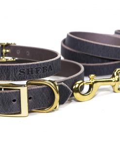 B08X95TB83 Handmade Personalized Leather Dog Collar and Leash Set, Gray Leather, Brass/Gold Tone Buckle, with FREE Embossed Name, Choose Your Font and Matching Leash