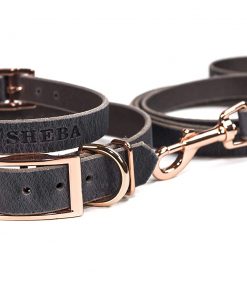 B08X9H7XB8 Handmade Personalized Leather Dog Collar and Leash Set, Gray Leather, Copper/Rose Gold Tone Buckle, with FREE Embossed Name, Choose Your Font and Matching Leash