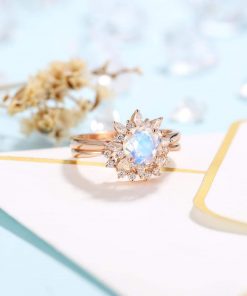 B08RJVQNKJ Natural Rainbow Moonstone Engagement Ring | Rose Gold Ring | Wedding Ring | Floral Bridal Set| Cubic Zirconia Wedding Set | Anniversary Ring Set | Faceted Round Marquise-shape