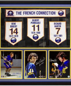 B08WL6QGYB Authentic Autographed Buffalo Sabres Robert, Perreault & Martin Memorabilia French Connection 34X34 Banner Frame