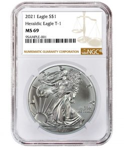 B08TJ3DYHT 2021 Silver Eagle Heraldic Eagle T - 1 Brown Label Dollar MS69 NGC